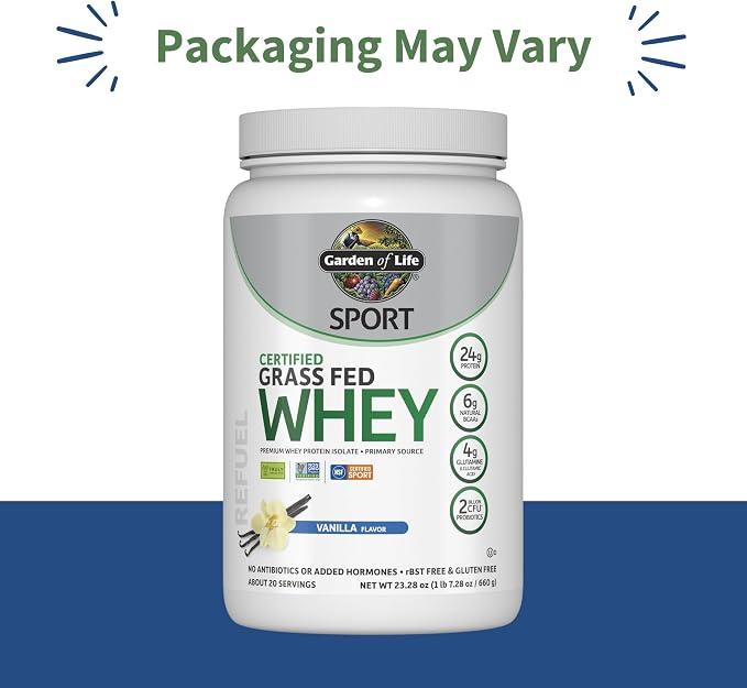 Garden of Life Sport Grass Fed Whey Protein Powder – 24g Whey Protein Isolate for Women & Men with Probiotics & Glutamine, Non-GMO, Gluten-Free, Cold-Processed, Vanilla Flavor, 20 Servings