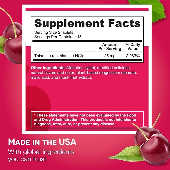 EZ Melts Dissolvable Vitamin B1 25 mg - Thiamin Supplement for Energy, Stress & Cellular Support - No Artificial Flavors - Non-GMO & Vegan - Cherry Burst - 180 Dissolvable Tablets (90 Servings)