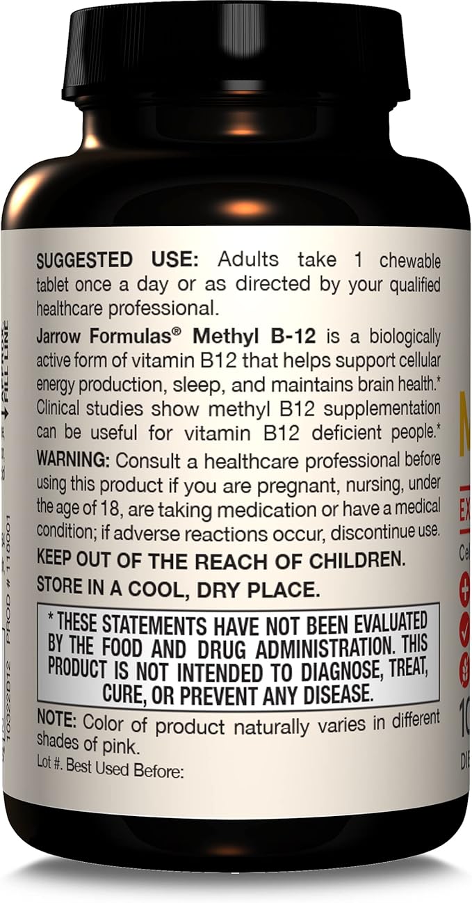 Jarrow Formulas Methyl Vitamin B-12 1000 mcg, 100 Chewable Tablets, Lemon Flavored- Bioactive B12 Vitamin - Supports Cellular Energy Production, Brain Health & Metabolism - 100 Servings