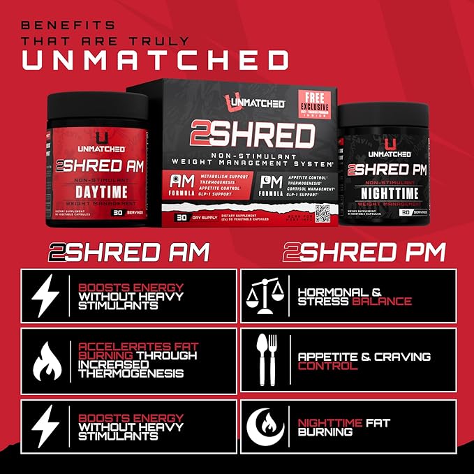 Unmatched 2Shred AM + PM | Non Stimulant Weight Management System | Thermogenesis, Fat Burning, & Appetite Control | 180 Vegetable Capsules, 30 Day Supply