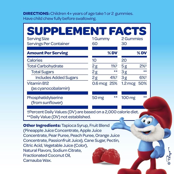 The Smurfs Nootropic Gummies for Kids with Vitamin B12 & L-Theanine | Laser Focus Gummy for Focus and Memory Supplements | Made with Real Fruit in a Smurf Berry | Doctor Developed | 60 Vegan Gummies