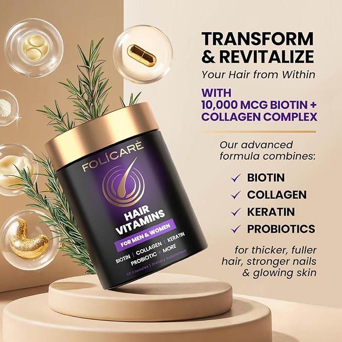 Biotin Hair Growth Supplement with Collagen, Keratin, and Probiotics – Hair Growth Support, Skin & Nails Supplement for Men and Women – Supports Thicker, Stronger Hair – Made in USA (2 Pack)