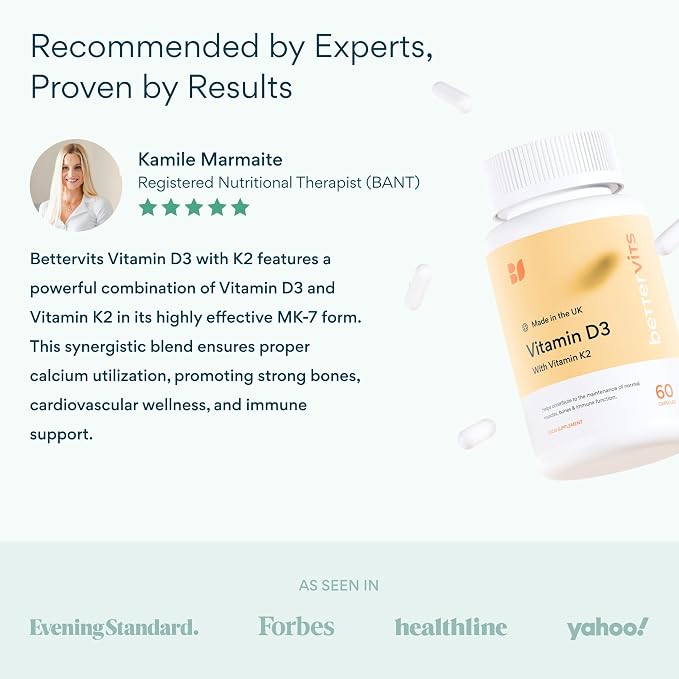 Bettervits Vitamin D3 5000 IU for Women and Men | with High Strength K2 Vitamins for Immune Support and Bone Health | Vitamin D Supplements with Calcium Absorption | 60 Vegetarian Capsules