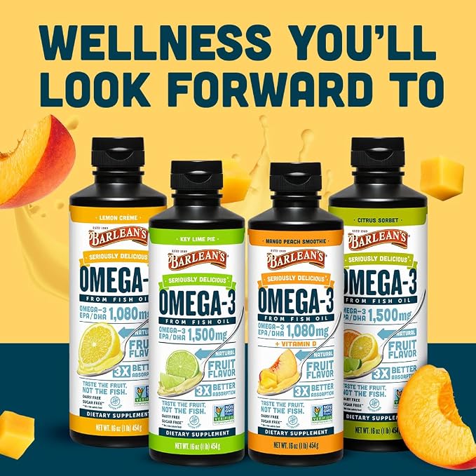 Barlean's Omega 3 Fish Oil Liquid Supplement with Vitamin D for Men and Women, 1080mg of EPA and DHA Fatty Acid, Promotes Brain & Heart Health - Non-GMO, Mango Peach, 16 oz