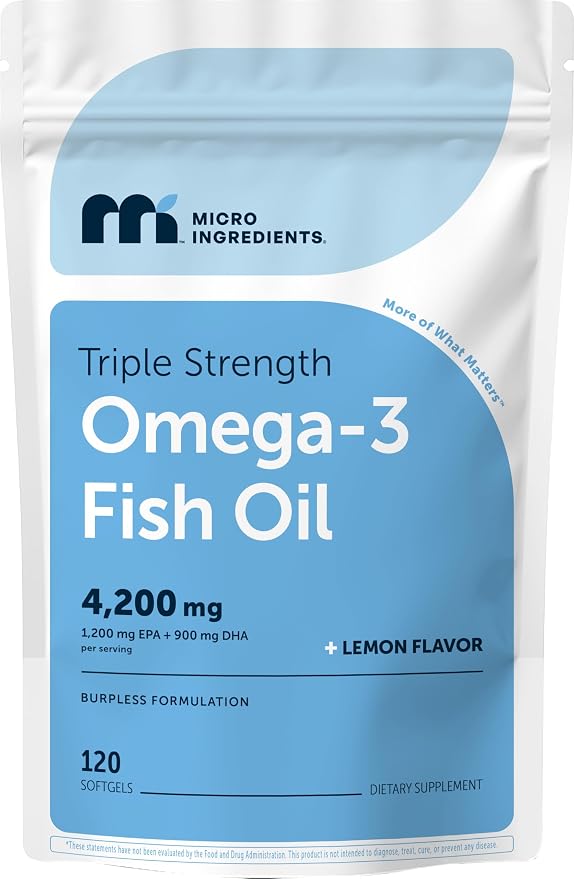 Micro Ingredients Triple Strength Omega 3 Fish Oil Supplements 4200mg Per Serving, 120 Softgels – Lemon Flavored – Burpless | EPA 1200mg + DHA 900mg | Deep Sea Fish