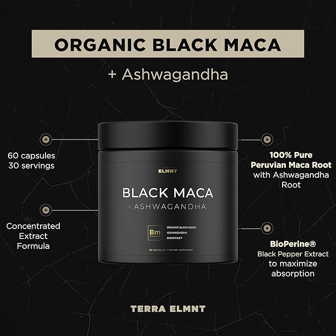 40x Strength Organic Black Maca Root w. Ashwagandha - #1 Highest Potency Black Maca Root Capsules for Men Supplement 40:1 Extract - 100% Pure Maca Peruana Gelatinized Maca Root Powder Pills