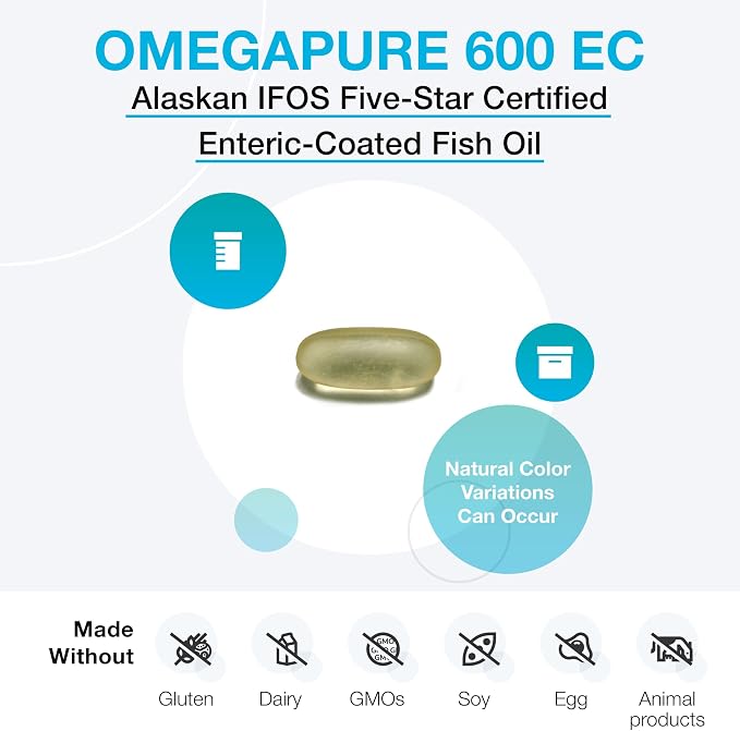 XYMOGEN OmegaPure 600 EC - Cardiovascular & Brain Support - IFOS Five-Star Certified Fish Oil - DHA EPA Omega-3 Supplement - Enteric Coated Softgels - 120 Softgel Tablets