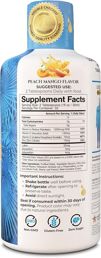 Liquid 20/20 Vision - Eye Vitamin Formula w/20mg Lutein, 4mg Zeaxanthin, 4mg Astaxanthin for Vision Support –Max Absorption- Great Taste & No Pills to Swallow– 32 Serv, 32oz