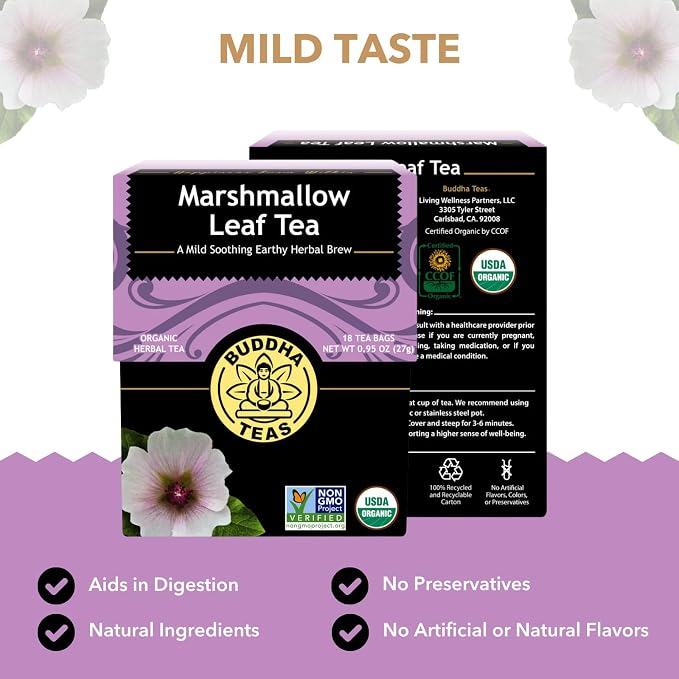 Buddha Teas - Marshmallow Leaf Tea - Herbal Tea - For Health & Wellbeing - With Flavonoids, Magnesium, Calcium & Iron - Clean Ingredients - Caffeine Free - OU Kosher - 18 Tea Bags (Pack of 1)