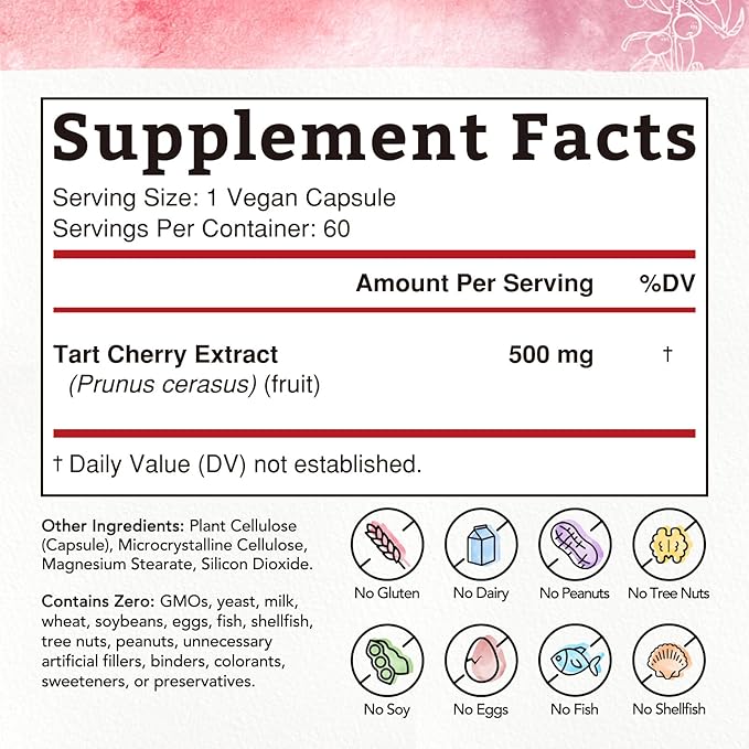 Bonawell Tart Cherry Capsule, 500mg Extract Per Capsule, Made from Montmorency Tart Cherries, Powerful Uric Acid Cleanse, Antioxidant Support, 2 Month Supply, 60 Capsules