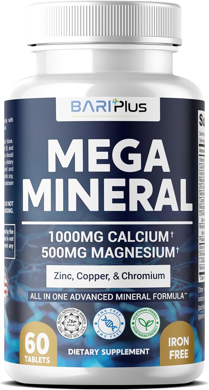 Mega Mineral – Complete Complex with Vitamin D, Calcium, Magnesium, Zinc, Potassium, Boron, Selenium, Chromium & Trace Minerals – Iron-Free – USA Made – 60 Tablets