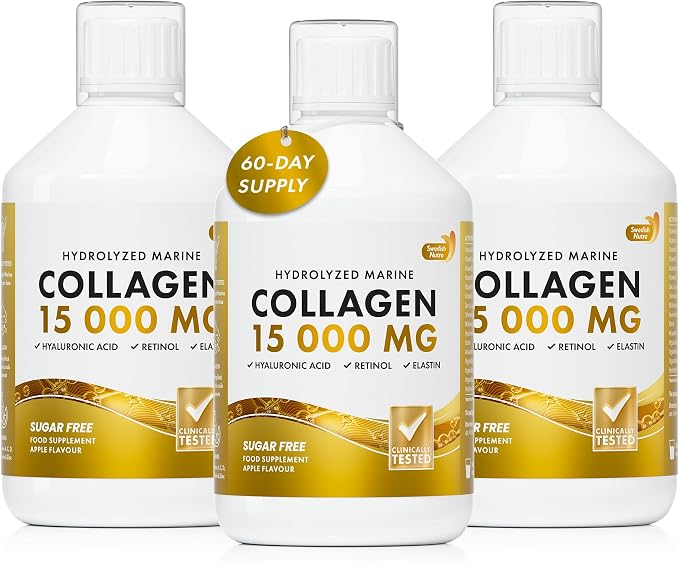 Swedish Nutra 3 x 15000 mg Liquid Marine Collagen Hydrolyzed Peptide (Type 1 & 3) | 60 Day Supply, 500 ml | Hyaluronic Acid, Biotin & Vitamins for Hair, Skin, Nails & Joints | Men & Women | Sugar Free