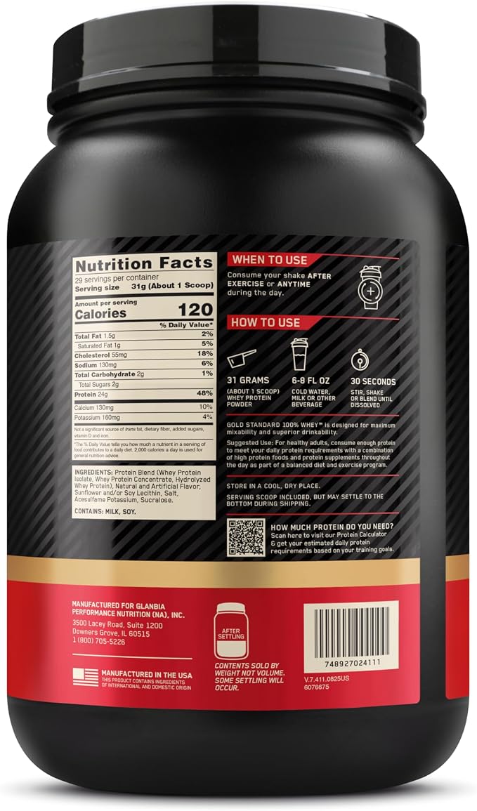 Optimum Nutrition Gold Standard 100% Whey Protein Powder, French Vanilla Creme, 2 Pound (Packaging May Vary)