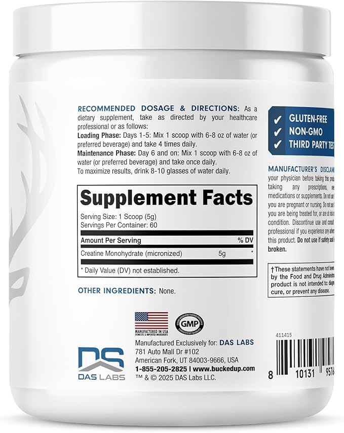 Bucked Up Pure Micronized Creatine Monohydrate for Women and Men - Easy to Mix and Unflavored - 5G Per Serving - 60 Servings - 300 Grams Per Container