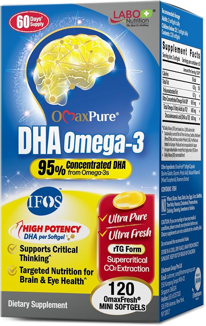 LABO Nutrition OmaxPure DHA Omega 3 Fish Oil | IFOS Certified High Strength rTG Omega 3 Fatty Acids Supplement with DHA & EPA - for Brain, Eye Prenatal Support | 120 Mini Softgels, 60 Servings