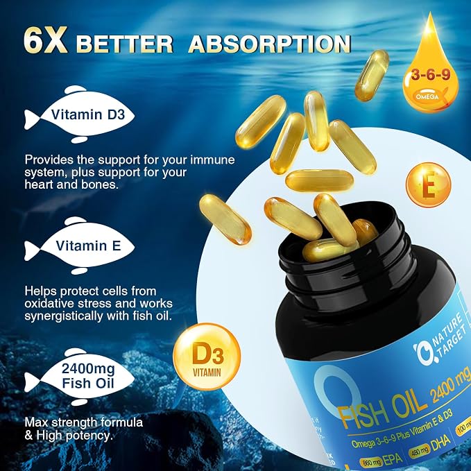 NATURE TARGET Triple Omega 3 6 9, Fish Oil 2400mg Softgels with Vitamin D3 & E - EPA & DHA & ALA - Supports Heart, Brain, Joint & Immune Health, Sustainably Sourced, Non-GMO