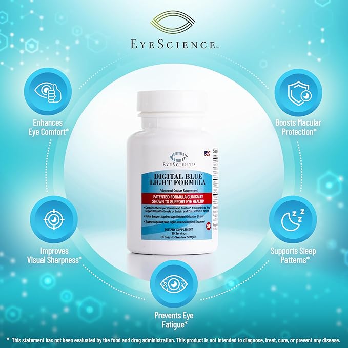 EyeScience Digital Blue Light Formula – Lutein, Zeaxanthin & Astaxanthin for Eye Health – Supports Visual Comfort, Blue Light Shield & Digital Eye Strain – Non-GMO, Gluten-Free, 30 Softgels (1-Pack)