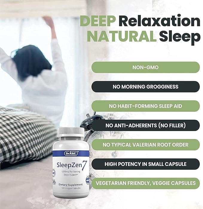 Dr.K&C SleepZen7 Sleep Supplement – All Natural Botanical Plant Sourced 1200 mg 100 Veggie Capsules Sleeping Support Organic Tart Cherry Valerian Root Extract No Filler Non GMO