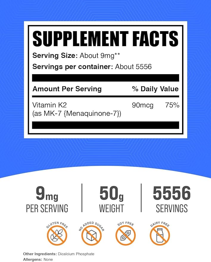 BulkSupplements.com Vitamin K2 Powder - Vitamin K2 MK-7, as Menaquinone Powder - K2 Vitamin Supplement for Wellness, Gluten Free, 9mg per Serving, 50g (1.8 oz) (Pack of 1)