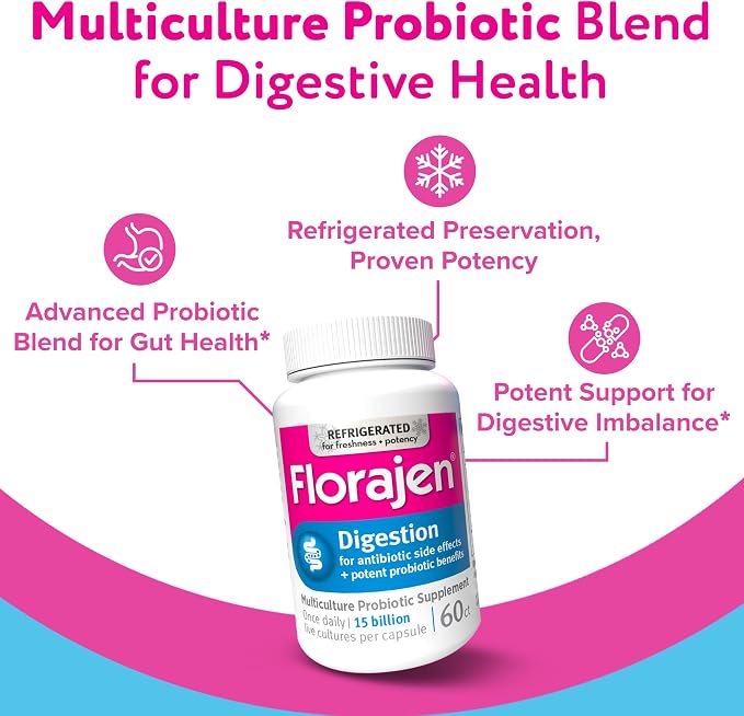 Florajen3 Digestion High Potency Refrigerated Probiotics | Restores Balance in Digestive System | for Antibiotic Side Effects | 60 Capsules
