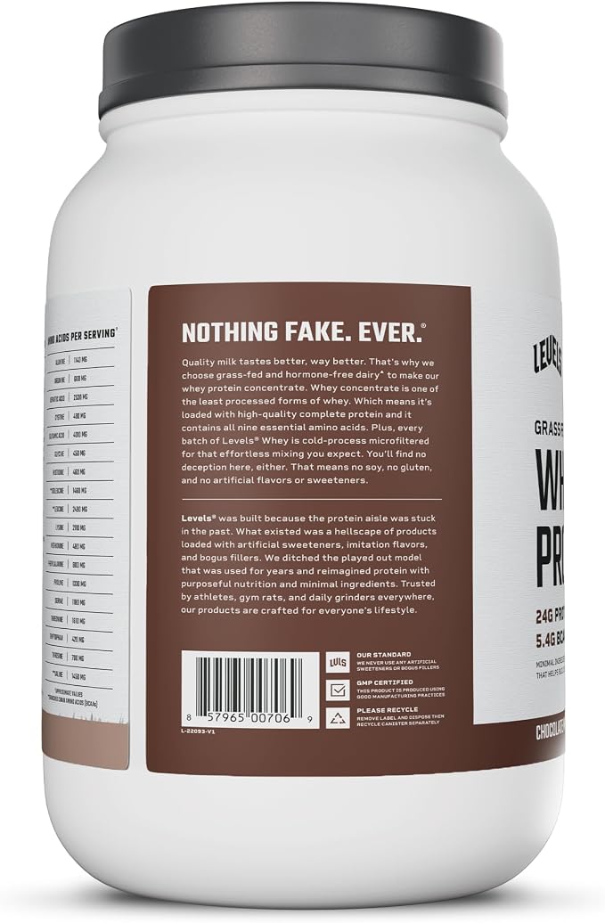 Levels Whey Protein Powder, No Artificial Ingredients, Chocolate Mocha, 2LB | 24G of protein and 5.4G BCAAs per scoop, made with hormone-free dairy, zero junk, no fillers, no added sugar, certified clean