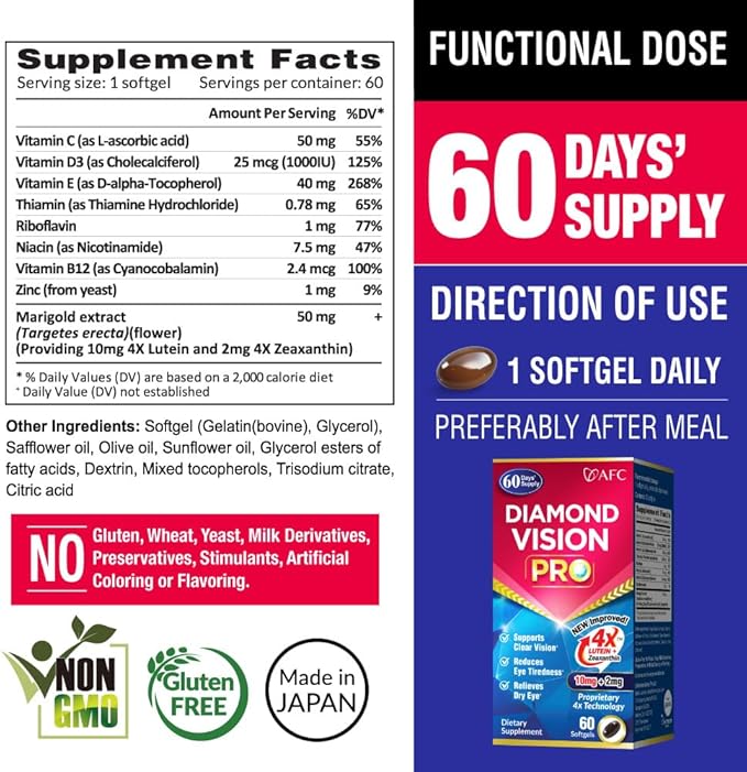 AFC Japan Diamond Vision PRO – Improved, Up-Sized Formula - Lutein & Zeaxanthin 4X with Eye Vitamins – Visual Health Supplement for Adults, Screen Exposure, Night Use, 60 Softgels