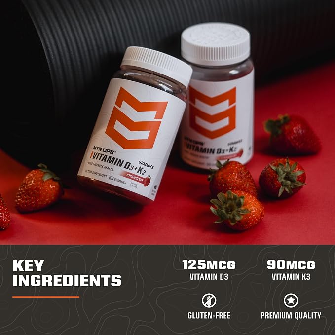 MTN OPS Vitamin D3 K2 Gummies, 5000 IU Vitamin D3 and Vitamin K2 MK7, Naturally Gluten-Free with Natural Strawberry Flavor, 60 Soft-Chew Gummies, 60 Servings per Container