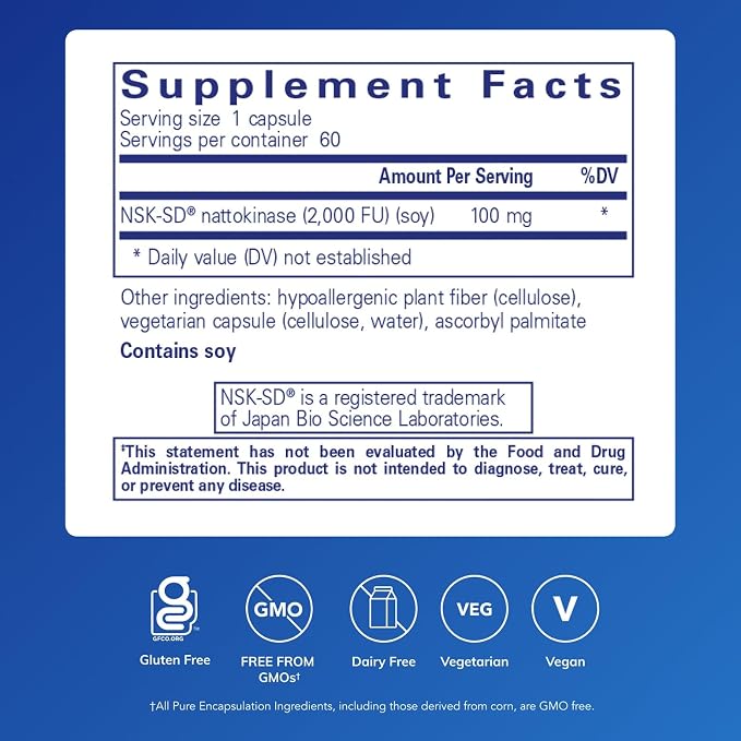 Pure Encapsulations NSK-SD - 100 mg Nattokinase - for Normal Blood Circulation - Supports Fibrinolytic Activity* - Gluten Free & Non-GMO - 60 Capsules