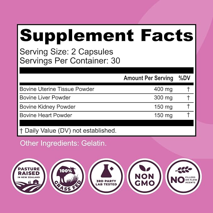 Beef Organ Supplement for Women - Beef Liver, Kidney, Heart and Uterus Tissue, Supports Women's Overall Energy and Health - Pasture Raised in New Zealand - No Fillers or Flow Agents - 60 Capsules