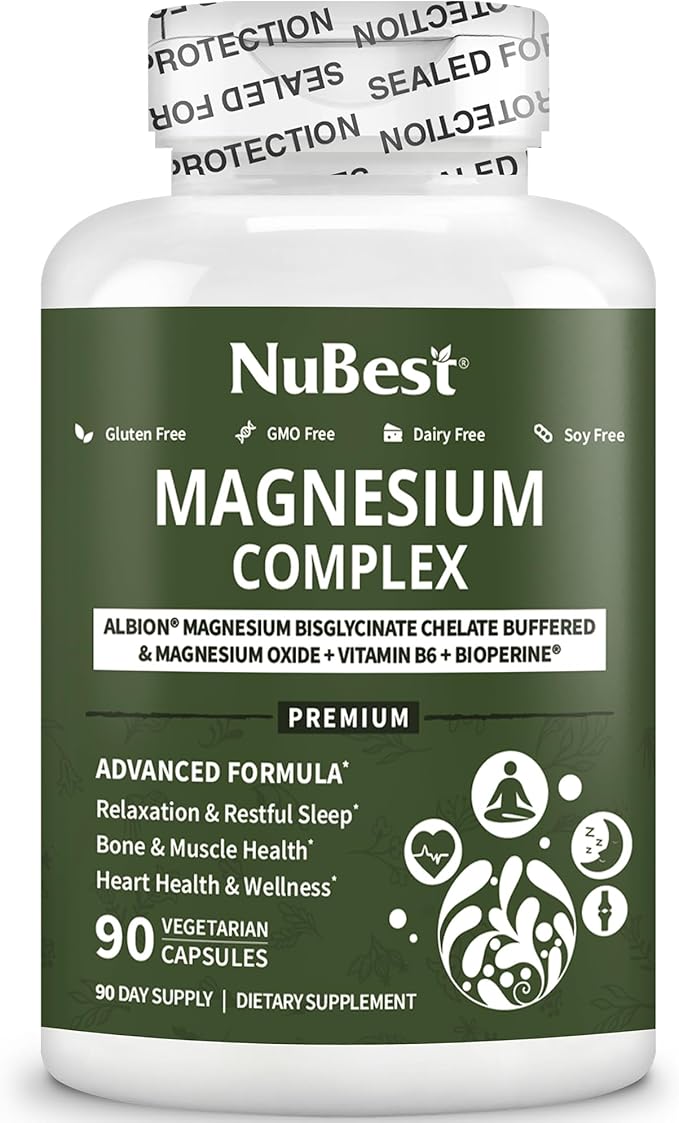 Magnesium Glycinate Chelate Complex with Albion Magnesium Bisglycinate Chelate, Vitamin B6 & BioPerine for Bone, Muscle, Natural Sleep, Nerve Function, Brain Booster | 3 Months Supply