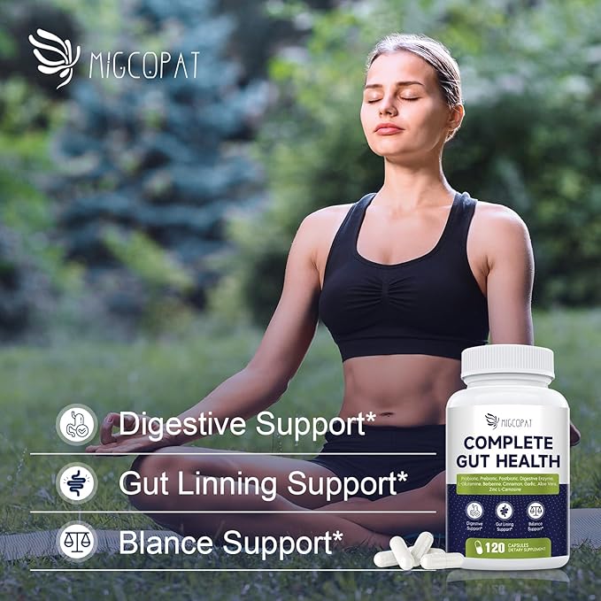 Migcopat Probiotic Prebiotic, Postbiotic & Digestive Enzymes for Digestive Health, 80 Billion CFU Probiotics Complete Gut Support with Berberine, Cinnamon, L-Glutamine, for Men & Women, 120 Capsules