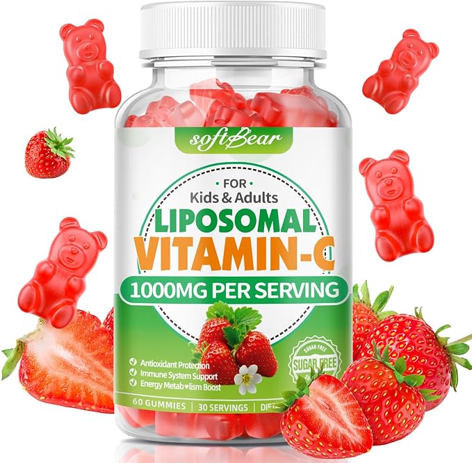 softbear Liposomal Vitamin C Gummies for Adults & Kids 1000mg, Chewable Vitamin C Supplement for Immune Support, Vegan/Organic/Sugar Free VIT C Gummies, Strawberry Flavor 60 Count