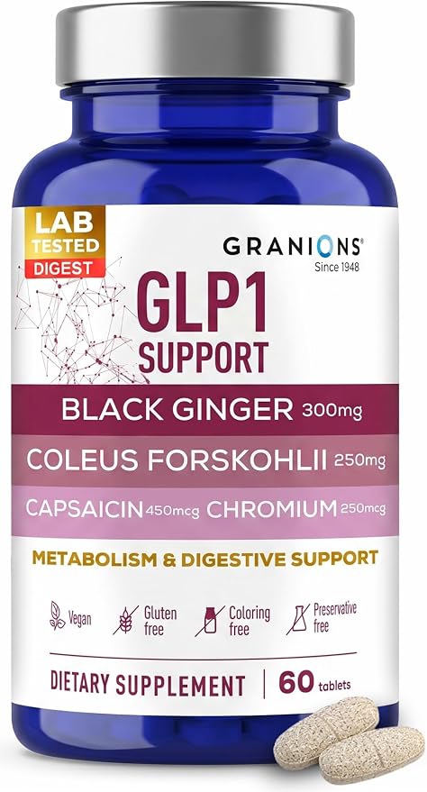 Granions GLP-1 Support Supplement - Metabolism, Gut Health, Digestive Support - Fermented Black Ginger, Coleus Forskohlii, Chromium, Capsaicin, Caffeine - Vegan, Gluten Free Supplements - 60 Tablets