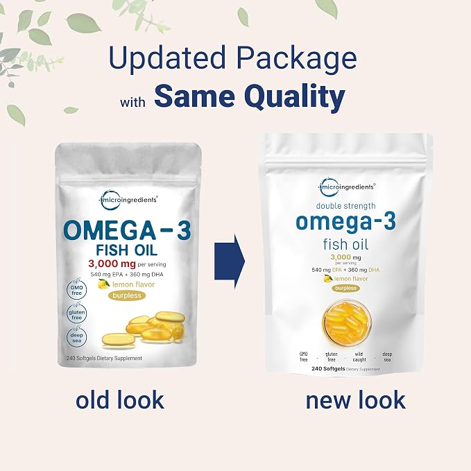 Micro Ingredients Omega 3 Fish Oil Supplements 3,000mg Per Serving, 240 Softgels | Lemon Flavored – Burpless | EPA 540mg + DHA 360mg | Deep Sea Fish