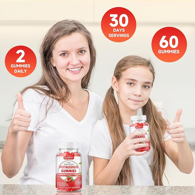 softbear Potassium Gummies for Adults, Sugar Free Potassium Chloride Gummies 1200mg Support Leg Cramps & Electrolyte Balance High Potency Potassium Supplement, Strawberry Flavor 60 Count