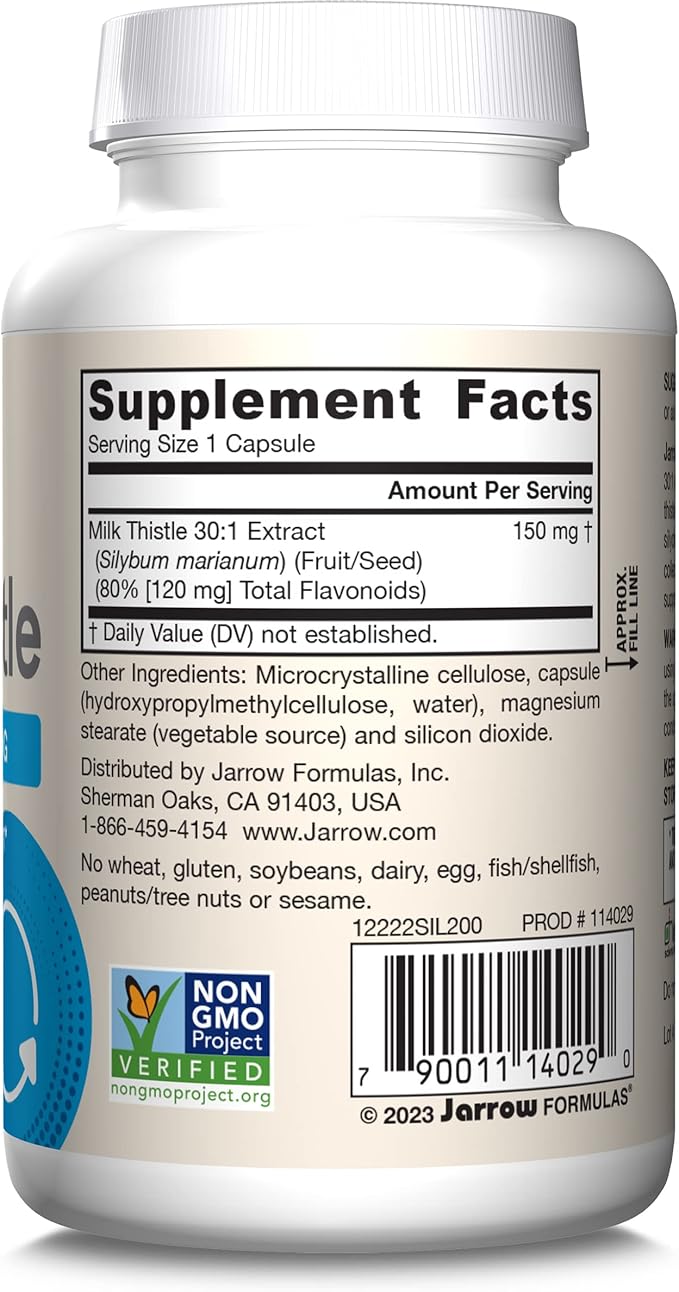 Jarrow Formulas Milk Thistle Supplement 150 mg. 30:1 Milk Thistle Extract Standardized to 80% Total Flavonoids, Dietary Supplement for Liver Function Support, 200 Veggie Capsules, Up to 200 Day Supply