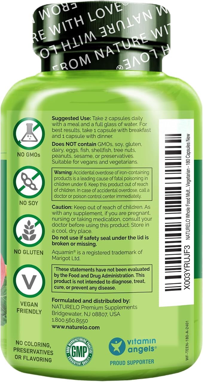 NATURELO Multivitamins for Teenage Girls/Boys, 180 Capsules, Whole Food Multivitamin with Minerals, Non-GMO, Vegetarian