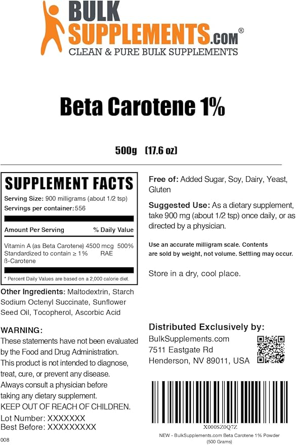 BulkSupplements.com Beta Carotene Powder - Beta Carotene Supplement, Vitamin A Supplement for Immune and Vision Support - Gluten Free, 900mg per Serving, 500g (1.1 lbs) (Pack of 1)