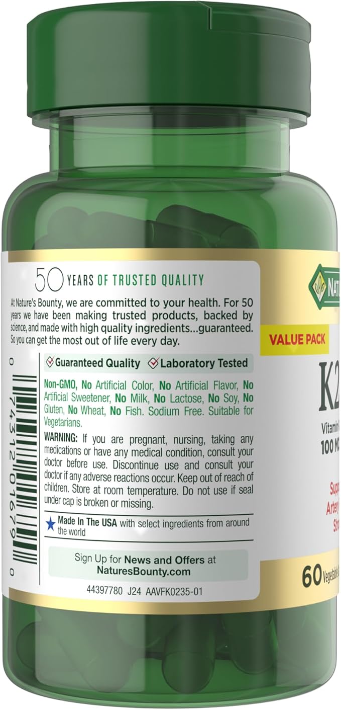 Nature's Bounty Supplement, 4000 IU Vitamin D3 Plus 100 mcg of Vitamin K Supplements for Adults for Heart & Bone Health Support, 60 Day Supply, 60 Vegetarian Capsules (Pack of 2)