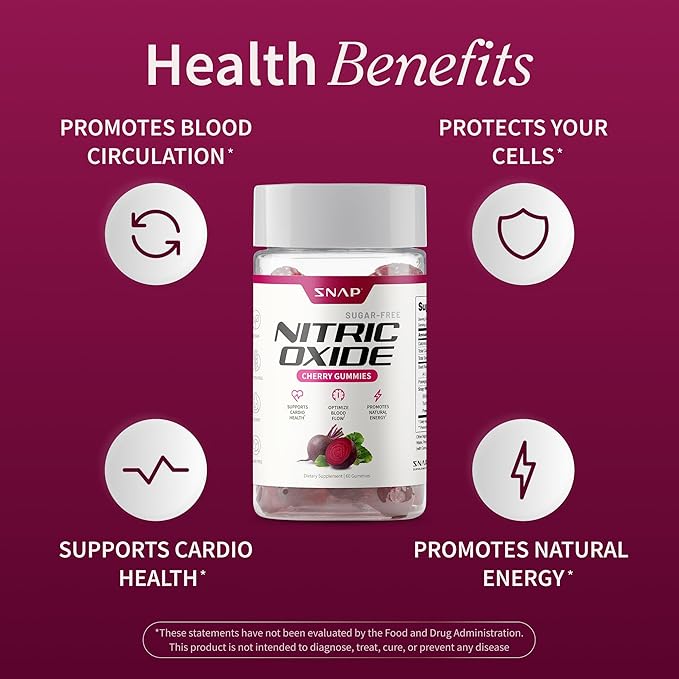 Snap Supplements Nitric Oxide Gummies - Beet Root Extract 300mg, Sugar Free Beetroot Supplement with Pomegranate Powder for Circulation & Natural Energy, 60 Vegan Gummies (3-Pack), Cherry Flavor