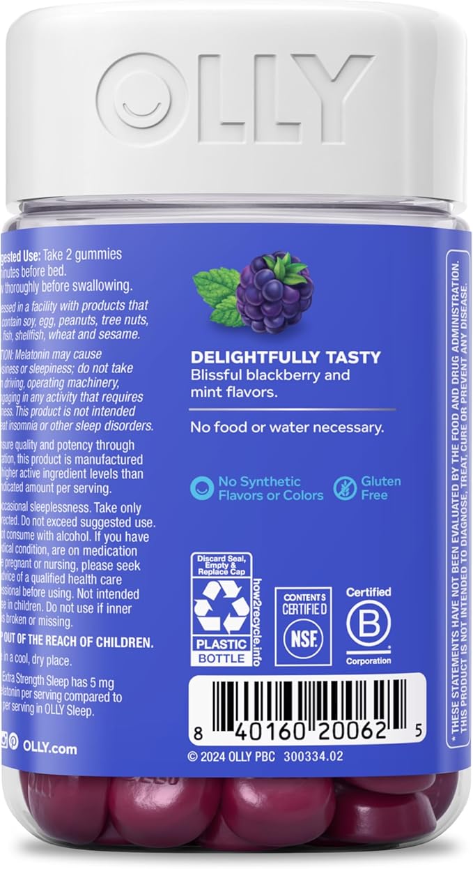 OLLY Extra Strength Sleep Gummy, Occasional Sleep Support, 5 mg Melatonin, L-Theanine, Chamomile, Lemon Balm Extracts, Sleep Aid, Blackberry Flavor - 70 Count (Packaging May Vary)