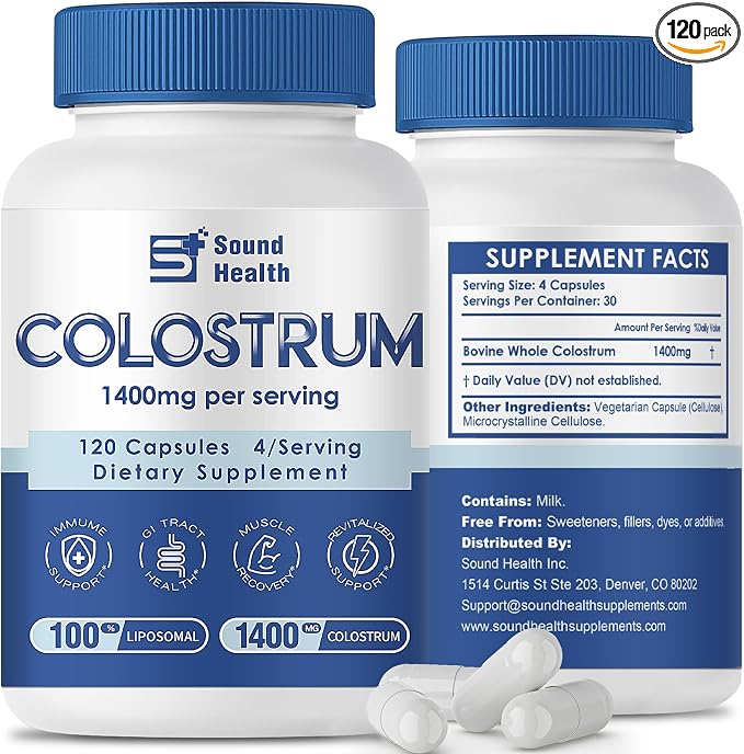 Colostrum Supplement 120 Capsules for Humans - Organic Bovine Colostrum Powder for Gut Health, Hair Growth, Beauty, and Immune Support - Unflavored (120 Capsules)