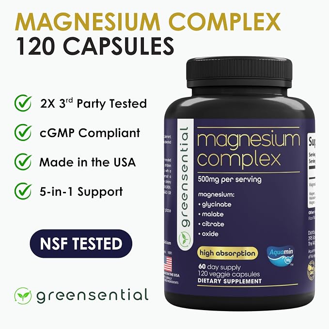 Greensential 5-in-1 Magnesium Complex 500mg | Glycinate, Malate, Citrate, Oxide & Aquamin® | Advanced Sleep, Muscle & Heart Support | Made in USA, Vegan, 120 Capsules