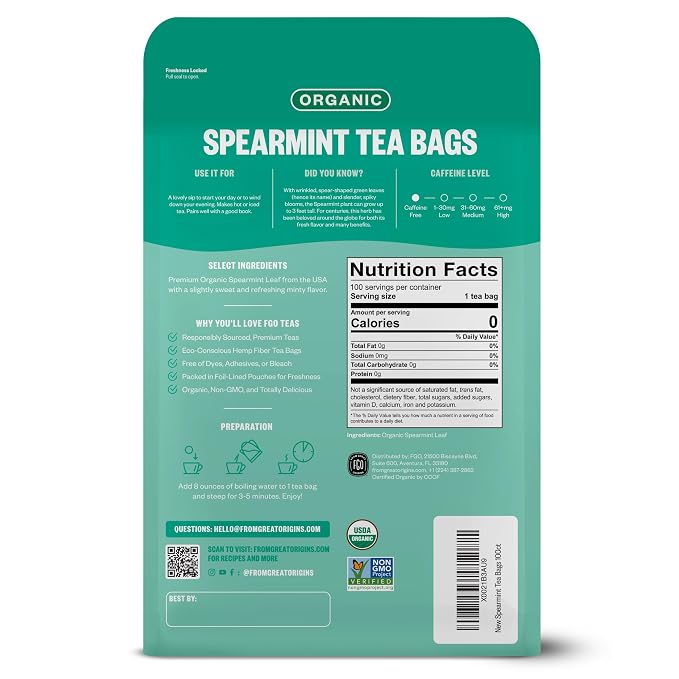 FGO Organic Spearmint Leaf Tea, 100 Count, Eco-Conscious Tea Bags, Caffeine Free, Resealable Bag, Packaging May Vary (Pack of 1)