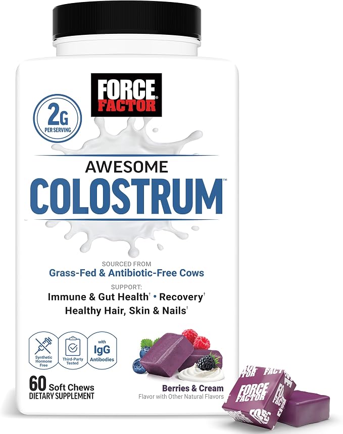 Force Factor Awesome Colostrum Supplement, Berries & Cream, 60 Soft Chews | Bovine Colostrum with Biotin, Grass-Fed, Antibiotic-Free, Supports Gut & Immune Health, Supports Hair, Skin & Nails