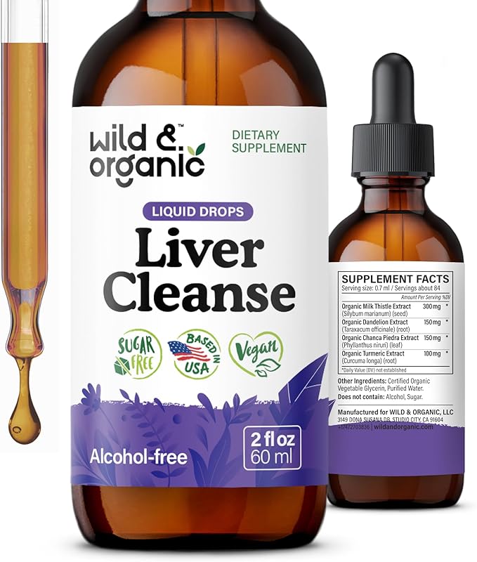 Wild & Organic Liver Cleanse Tincture - Liver Detox Formula with Milk Thistle, Dandelion Root, Chanca Piedra Stone Breaker Extract - Herbal Supplement - Vegan, Sugar & Alcohol-Free Liquid Drops - 2 oz