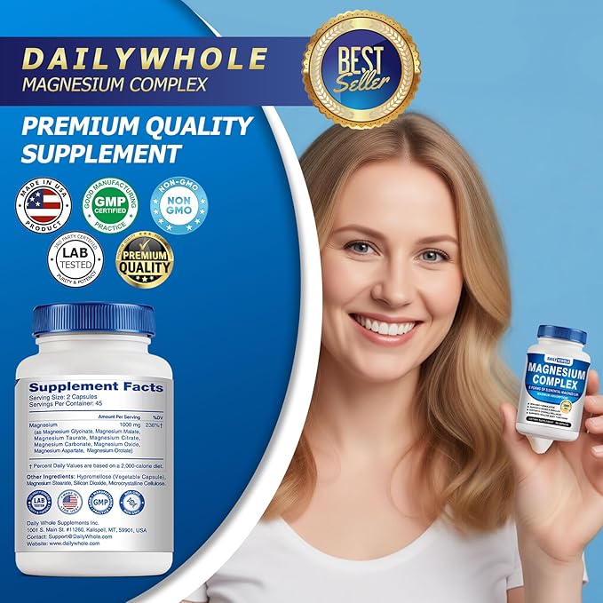 Magnesium Glycinate 8in1 Complex Supplement 1000mg - Magnesium Glycinate, Citrate, Malate, Taurate, Chelated for Health and High Absorption | Third Party Tested, Gluten Free, Non-GMO - Easy to Swallow