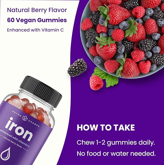 NutraChamps Iron Gummies with Vitamin C - 20mg, Blood Cell Formation Support, 60 Vegan Gummies for Iron Deficiency & Anemia, Energy, Focus, Immune Boost