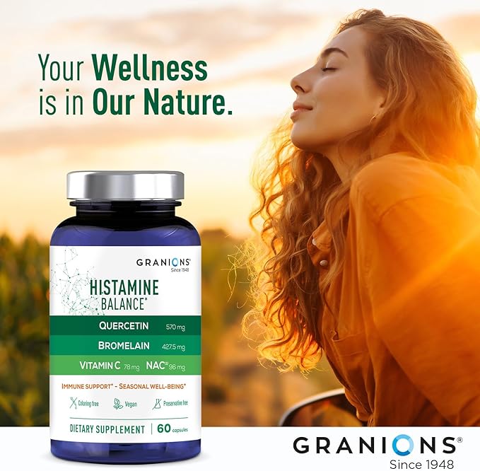 Granions Histamine Balance Complex - Quercetin with Bromelain, NAC and Vitamin C - D-Hist Seasonal Histamine Blocker & Immune Support Supplement for Adults and Children - 60 Vegan Capsules