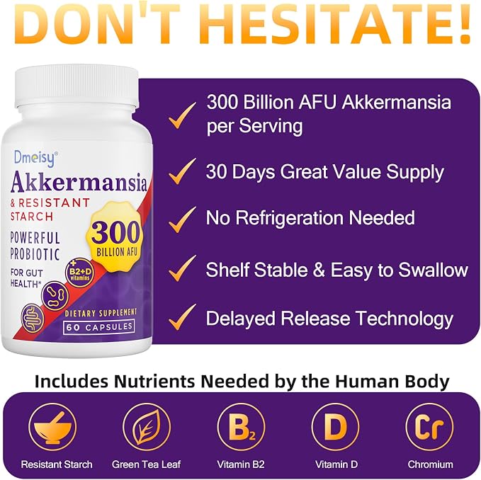 Akkermansia Supplement - 300 Billion AFU Akkermansia Muciniphila, Akkermansia Probiotic for Women & Men, for Boost, Digestive, Gut, Immunity, Enhances Gut Lining Function & Intestinal Walls, 120 Count